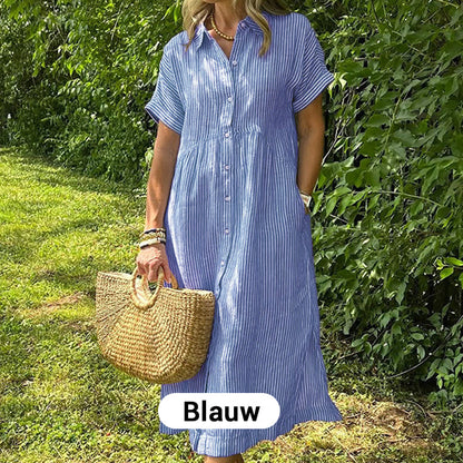 🎉 (Maat: S-4XL) 🛍️Nieuwe exclusieve zomerkleding 👗 Gestreepte revers-overhemdjurk met knopen | Met functionele zakken