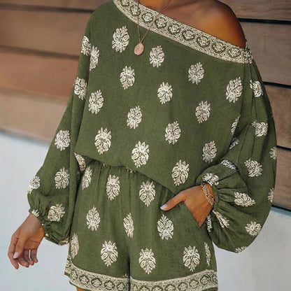 Bohemian jumpsuitset met schoudervrije pasvorm en print