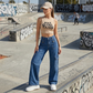 🎉 Hoge taille denim cargo wijde pijp broek