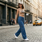 🎉 Hoge taille denim cargo wijde pijp broek