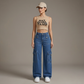 🎉 Hoge taille denim cargo wijde pijp broek