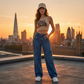🎉 Hoge taille denim cargo wijde pijp broek
