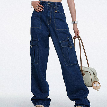 🎉 Hoge taille denim cargo wijde pijp broek
